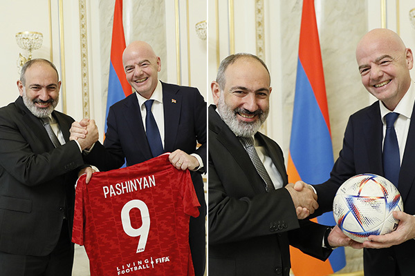 Փաշինյանին ՖԻՖԱ-ից անվանական մարզաշապիկ և 2022-ի ֆուտբոլի աշխարհի առաջնության անվանական գնդակ է նվիրվել 